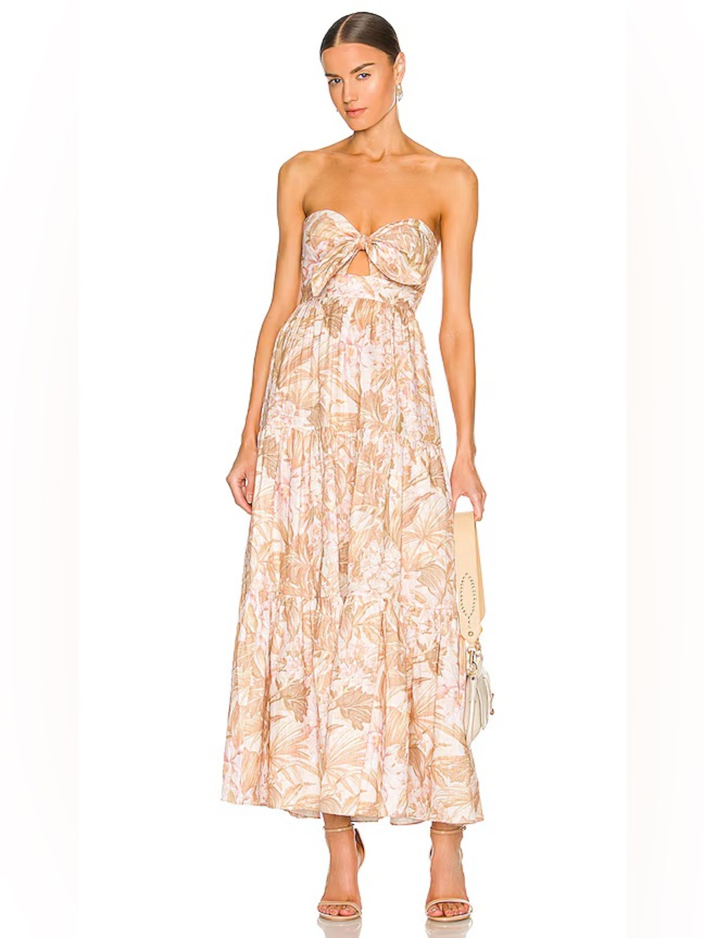 Zimmermann Strapless Floral Tie-Front Maxi Dress in Beige and Pink